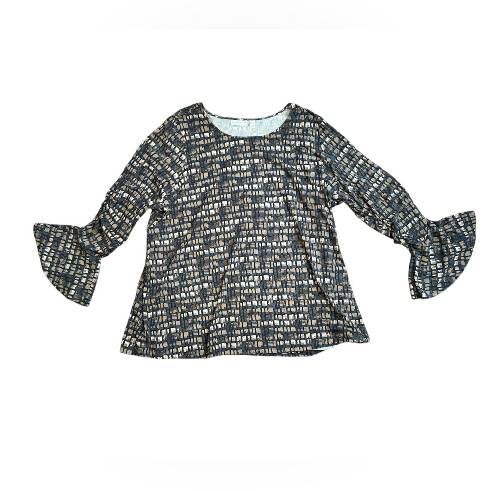 Plus Size Susan Graver Black blue and Cream Flared Sleeve Blouse size 3X
